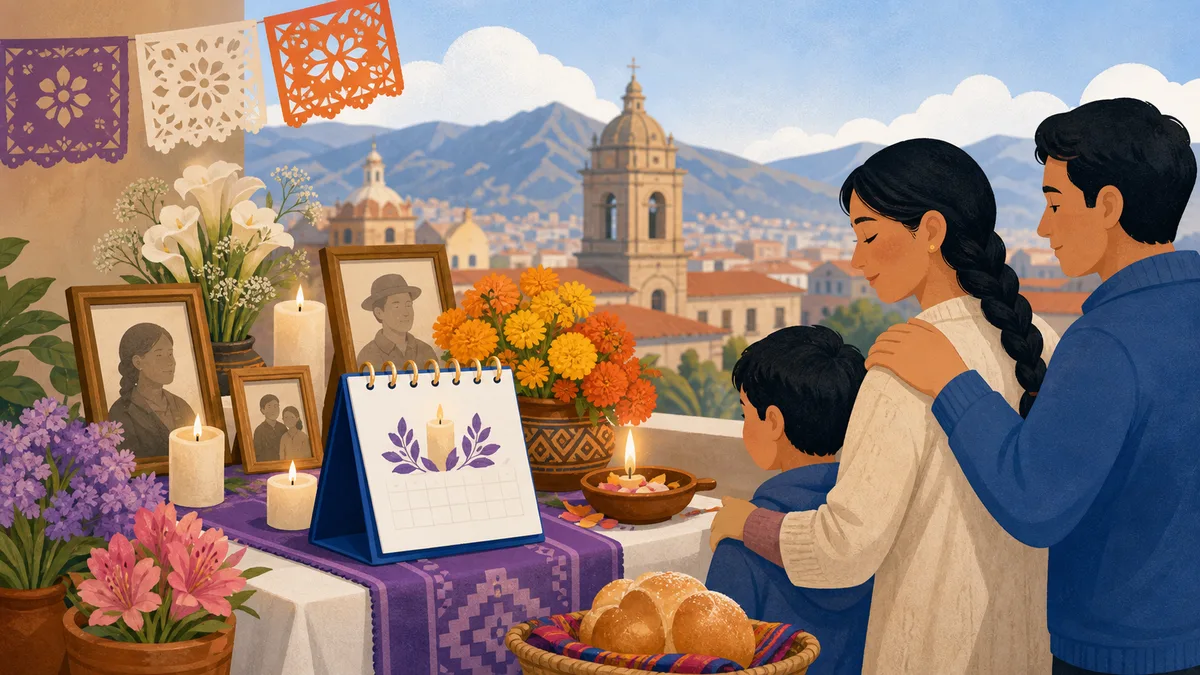 Ilustración de calendario de noviembre con Todos los Difuntos en Bolivia 2026